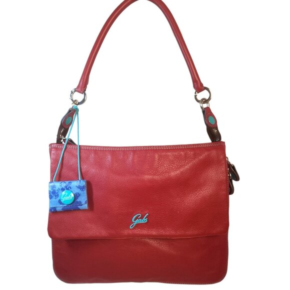 GABS Italian Red Leather Expandable Flat Shoulder Bag Turquoise Buttons - Picture 1 of 14